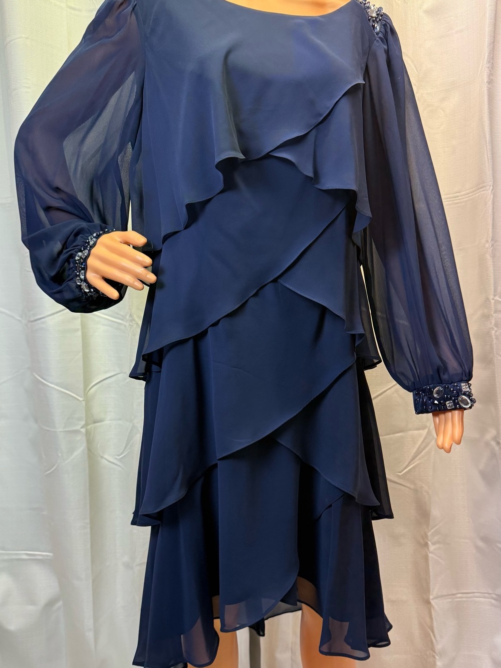 SLNY Navy Layered Chiffon Dress with Beaded Cuffs